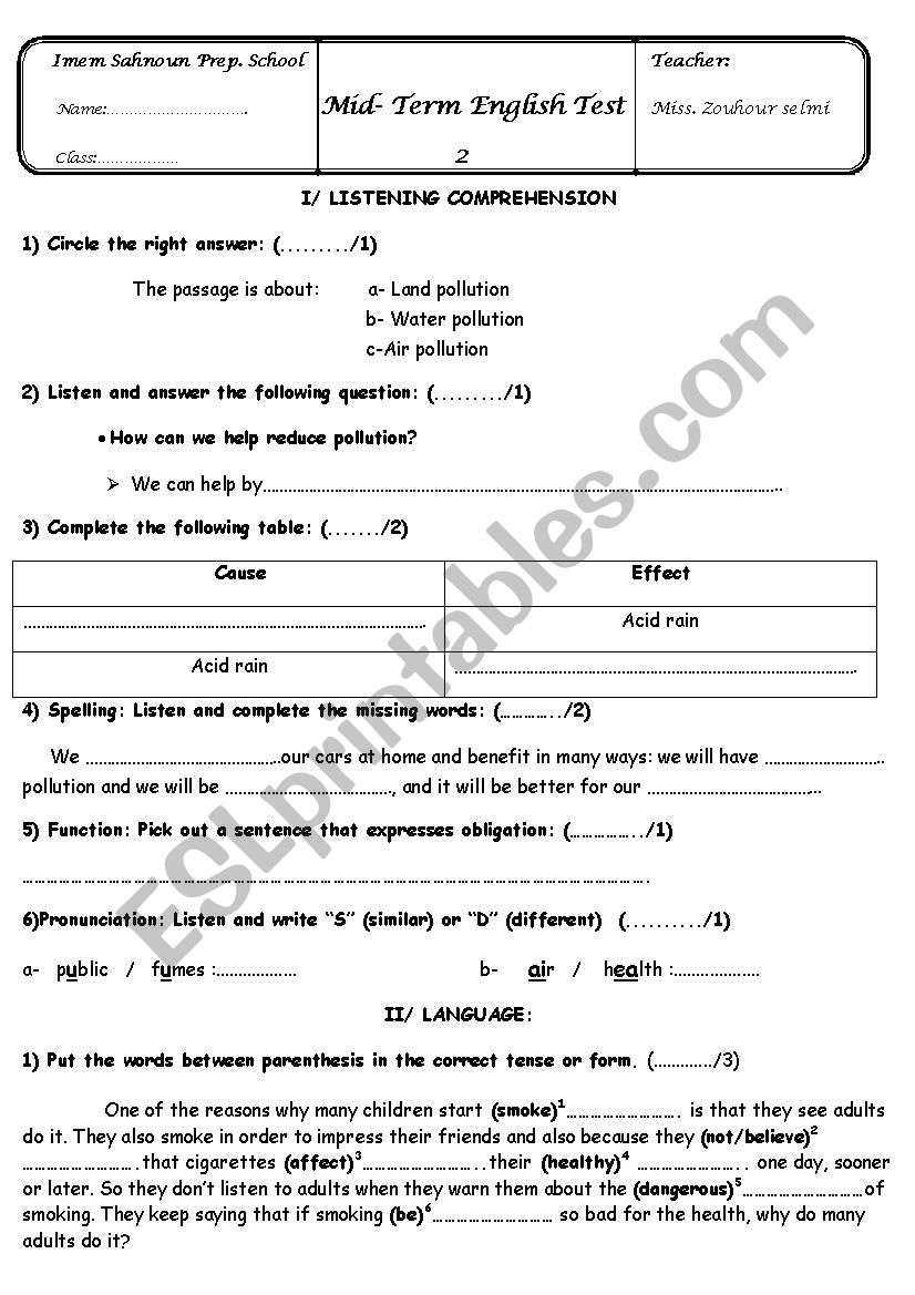 test 9th form B.E worksheet