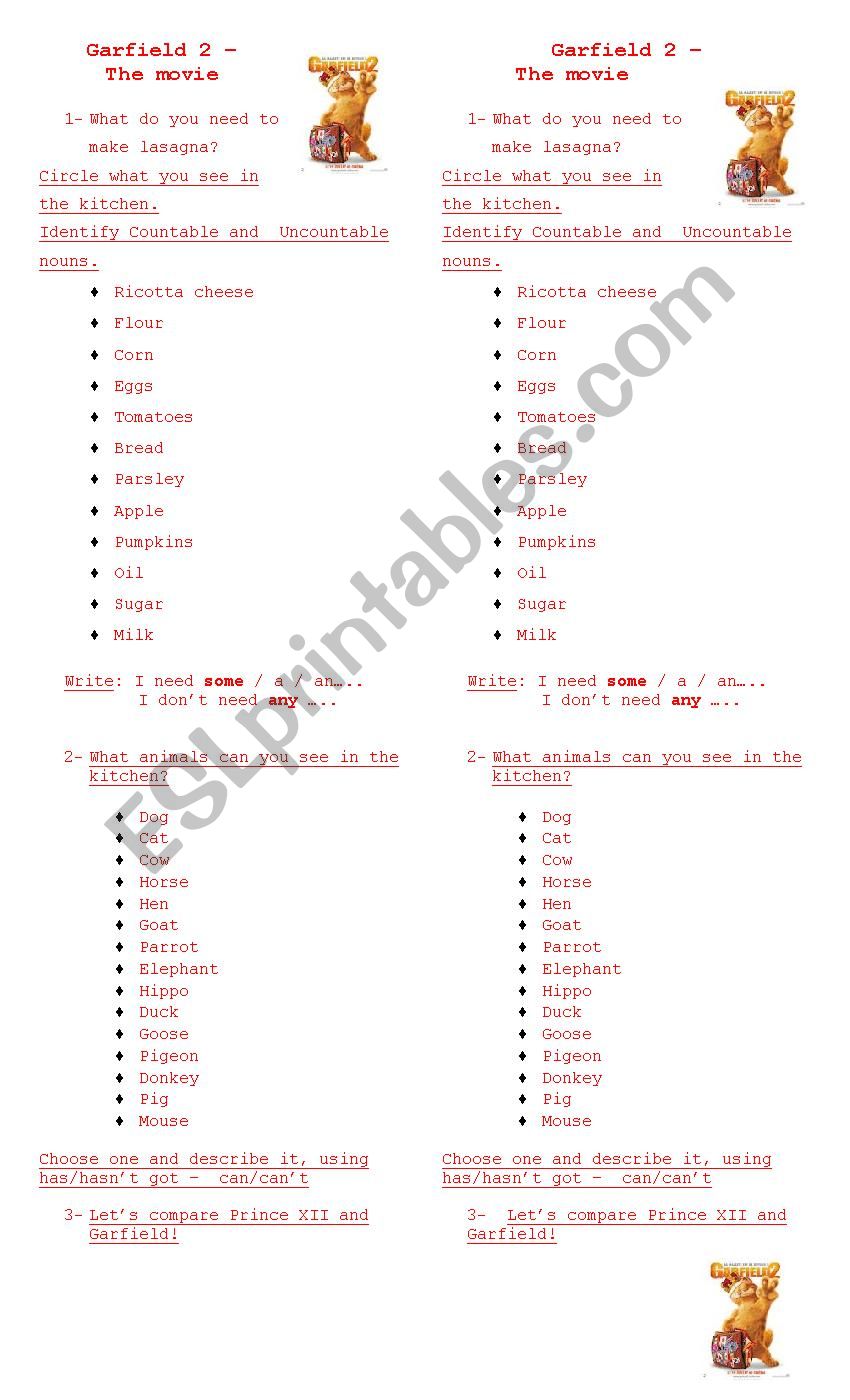 Garfield 2 The Movie worksheet