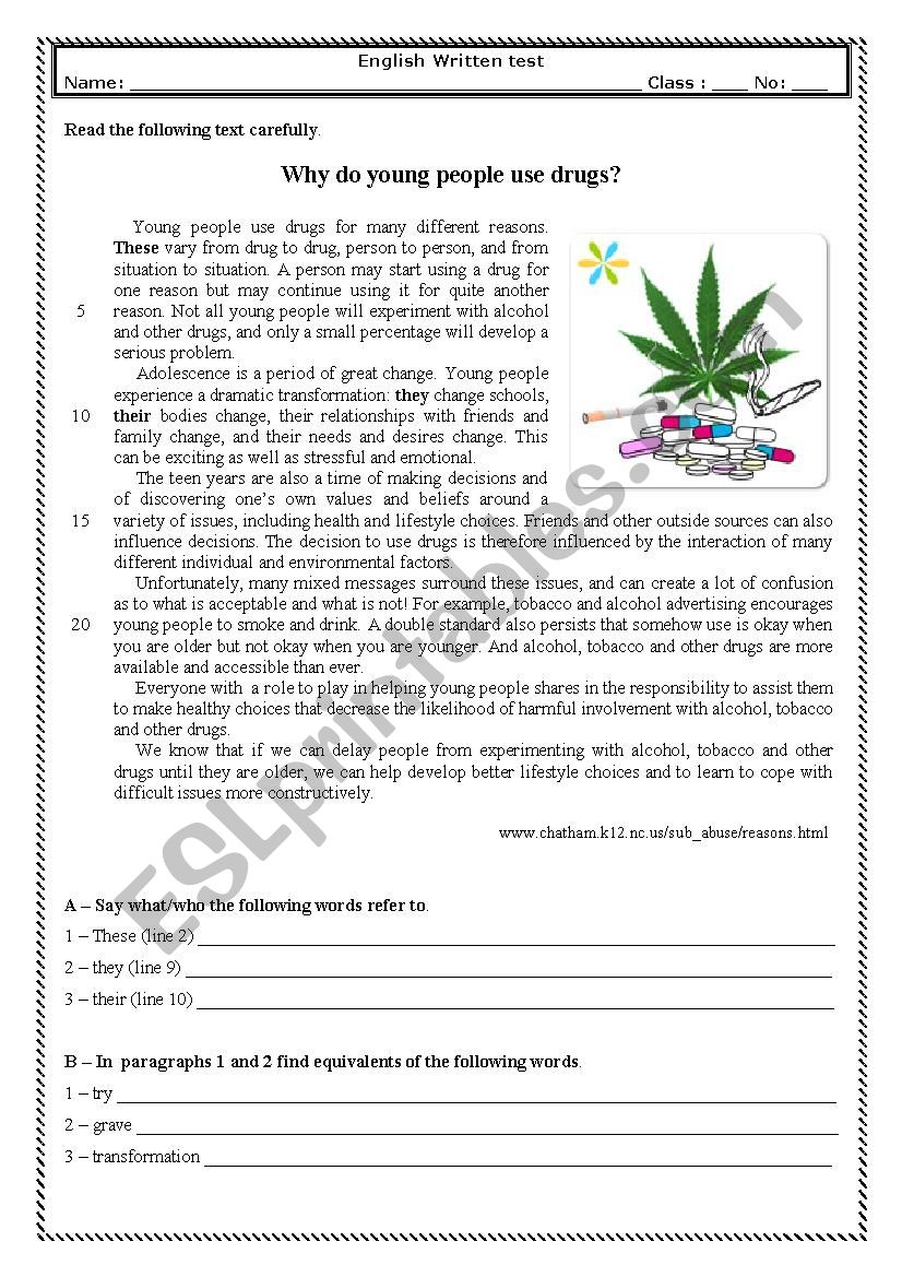 Test 9th grade - Why do young people use drugs?