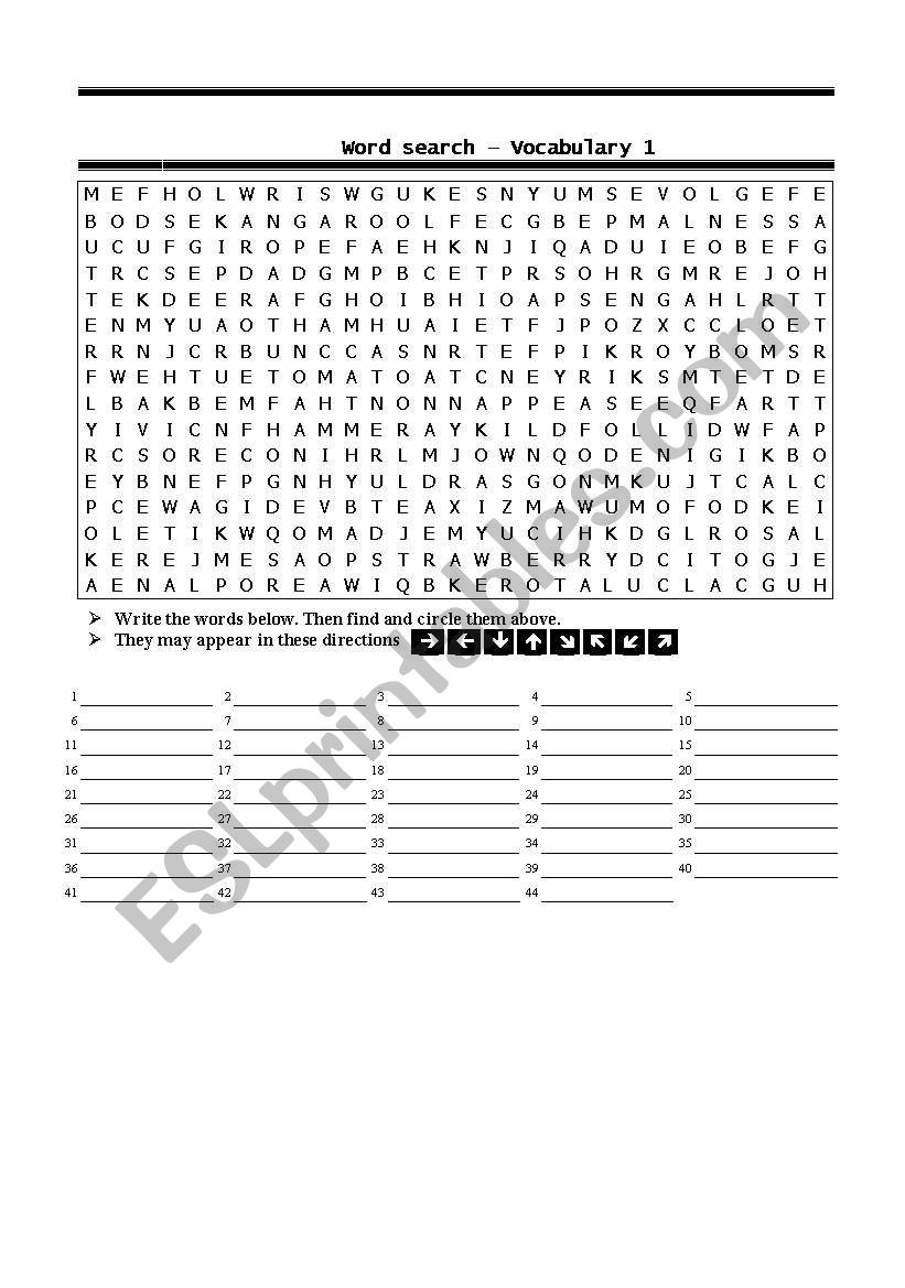 Word search  Vocabulary  worksheet