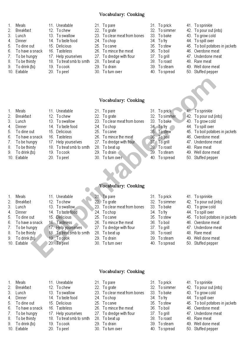 cooking vocabulary worksheet