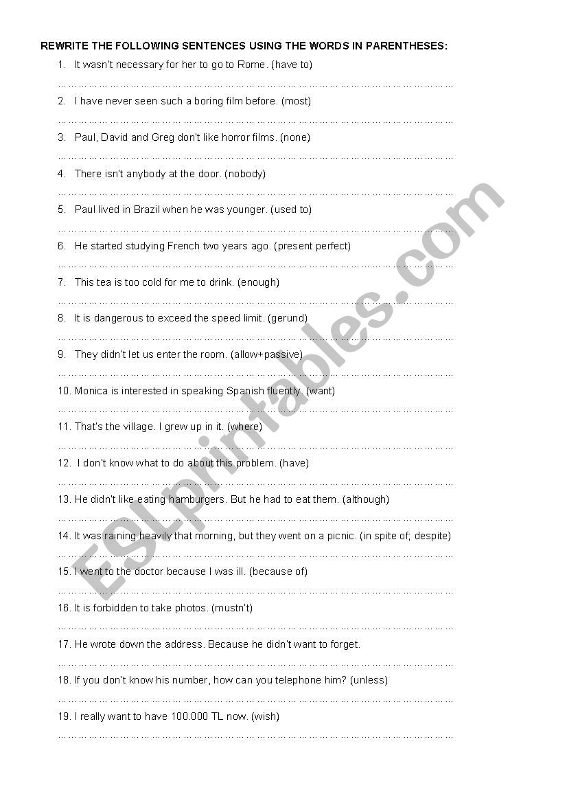 PEPHRASING EXERCISES worksheet