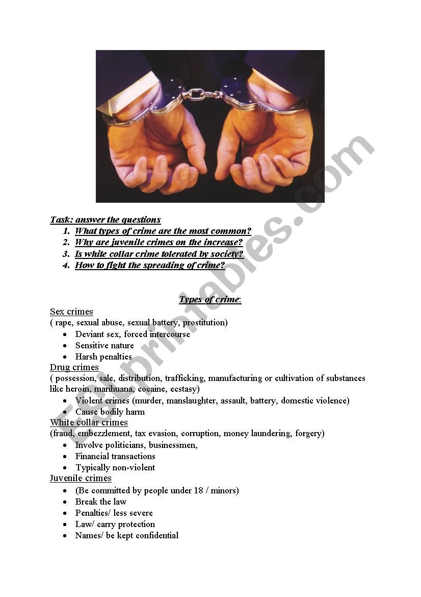 types of crime worksheet