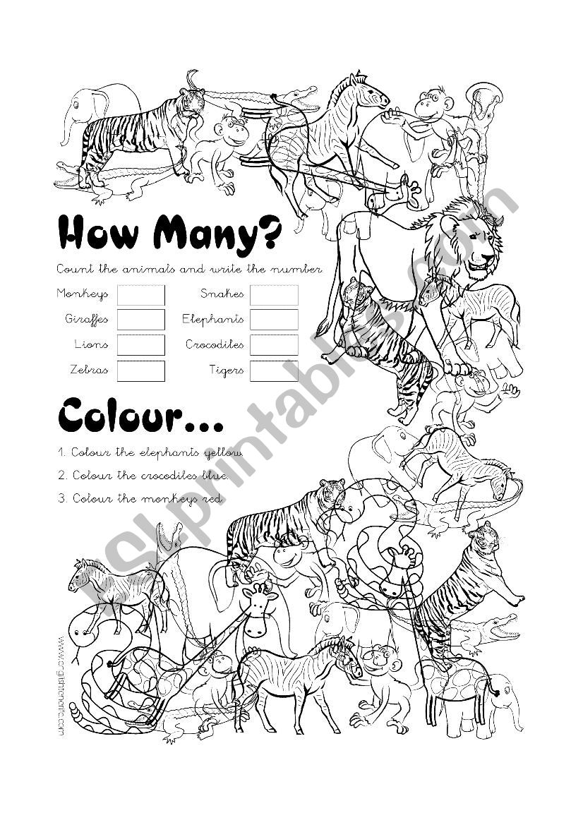 Wild Animals Count & Colour worksheet