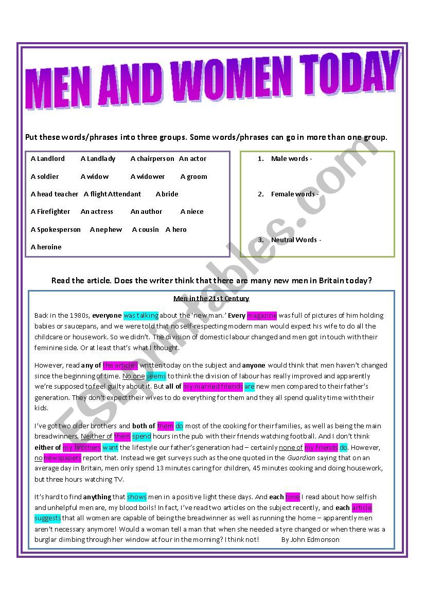 Men in the 21st Century Reading and Grammar