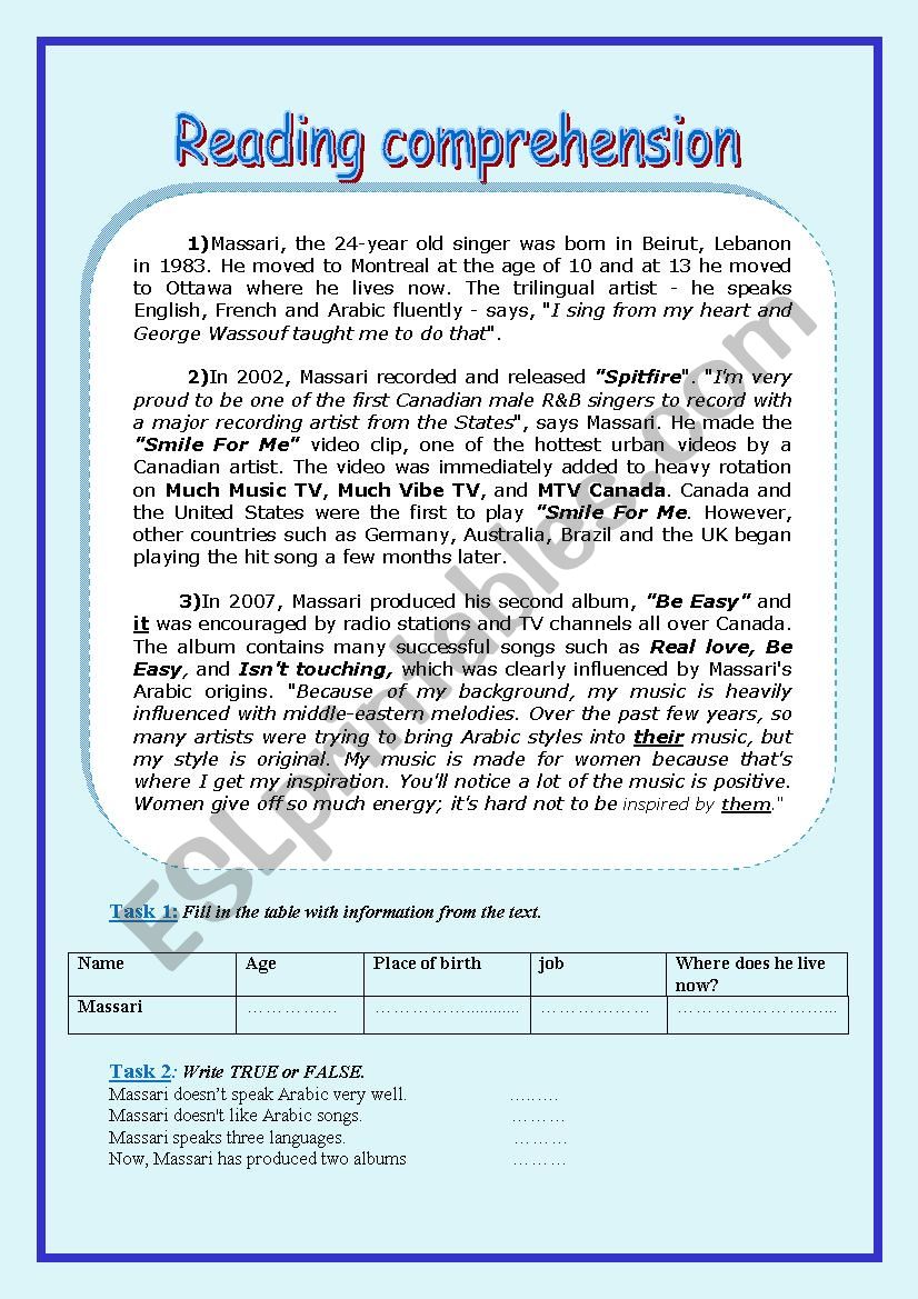 Reading Comprehension  worksheet