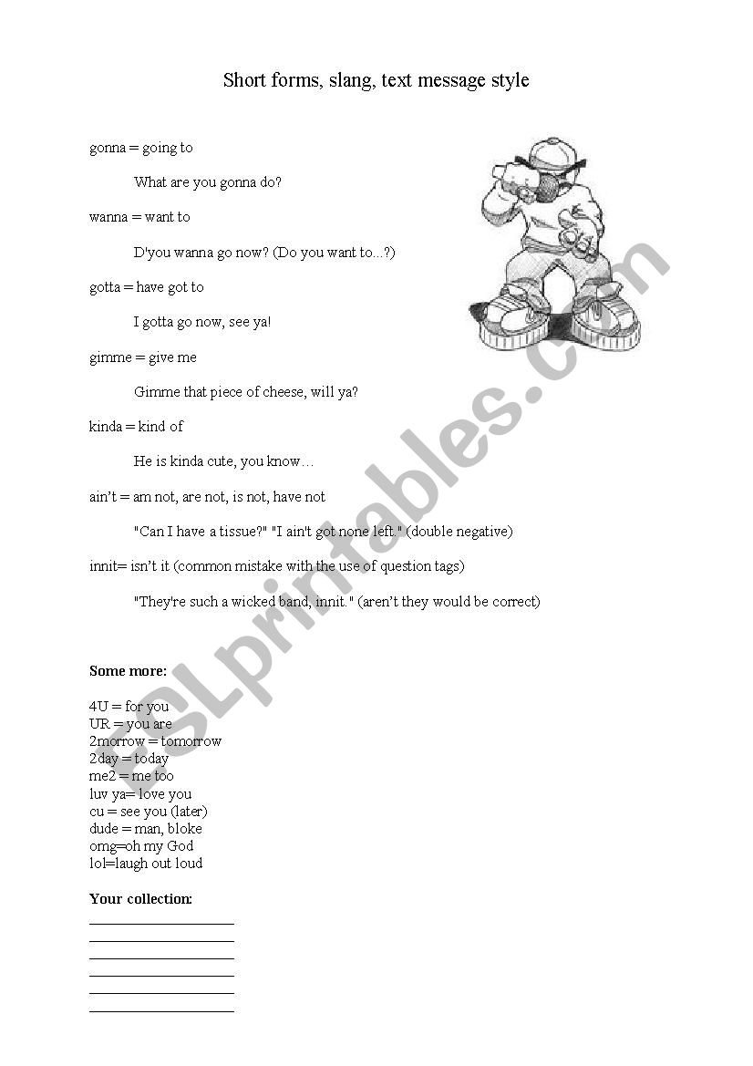 short forms, slang worksheet