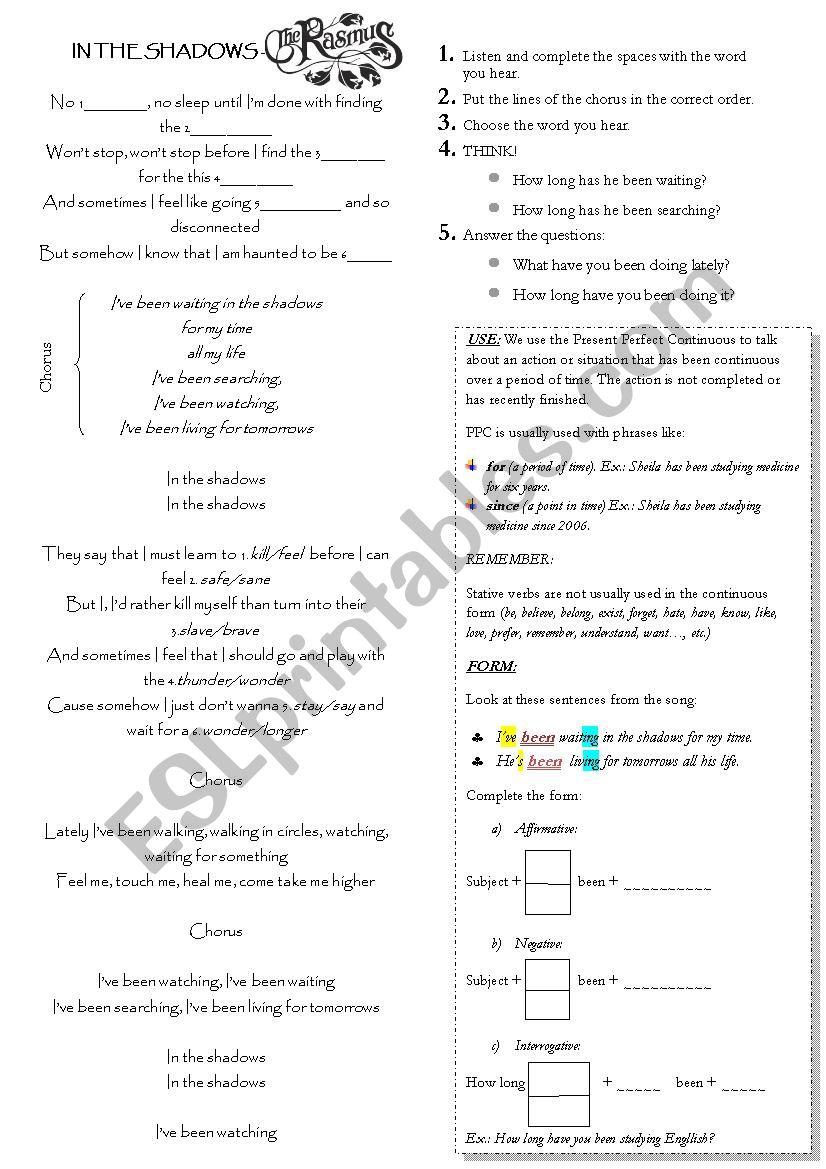 IN THE SHADOWS: SONG TO TEACH PRESENT PERFECT CONTINUOUS 