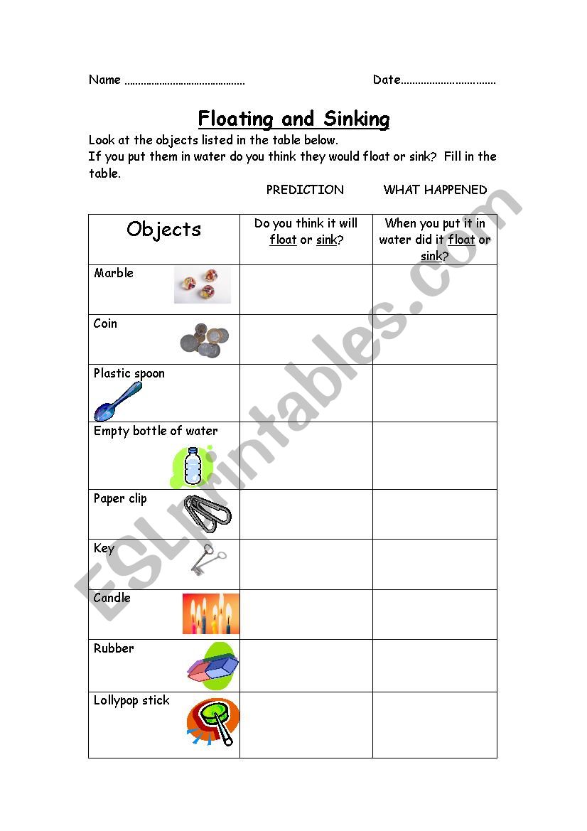 English worksheets: FLOATING OR SINKING For Sink Or Float Worksheet