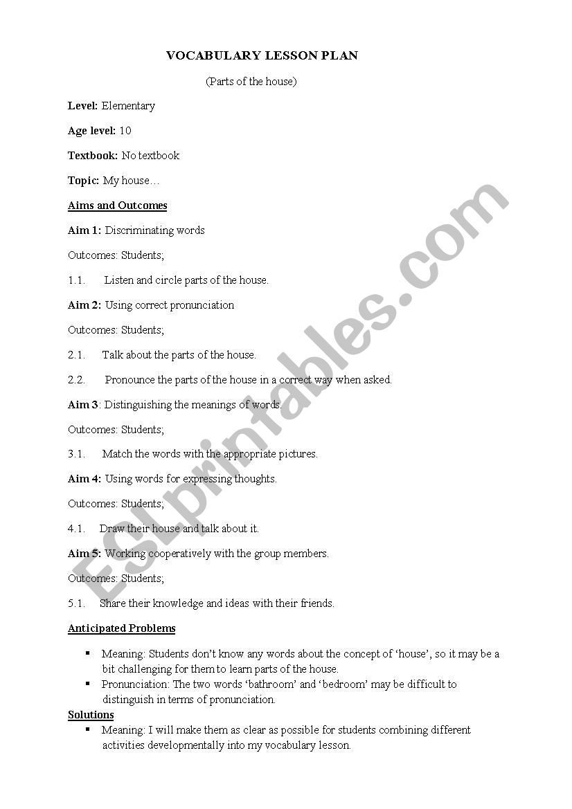 vocabulary lesson plan worksheet