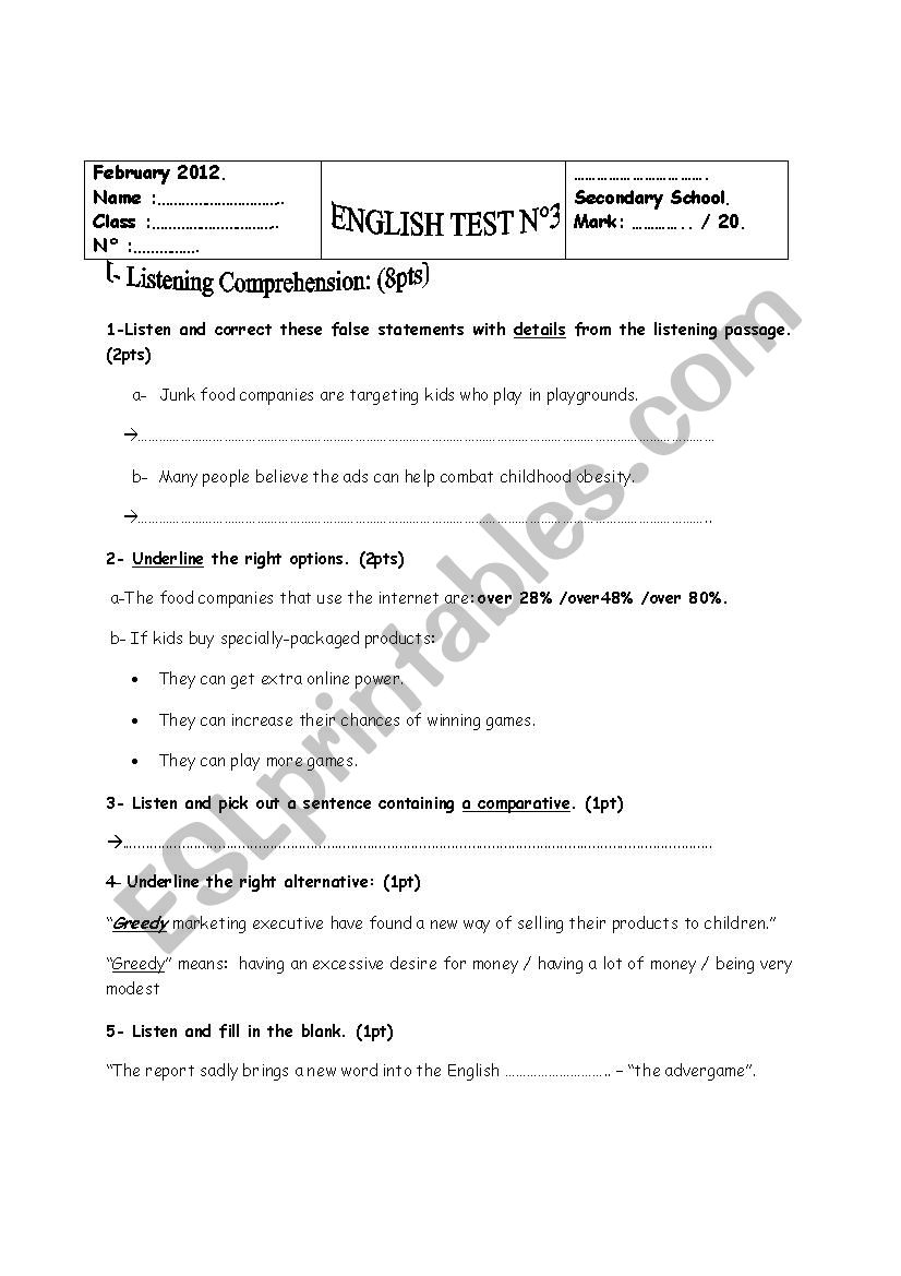 Mid term test for 2nd  form worksheet