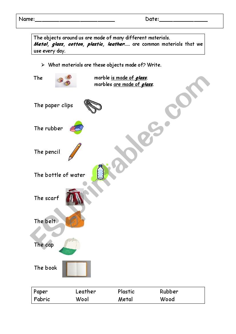 Materials worksheet