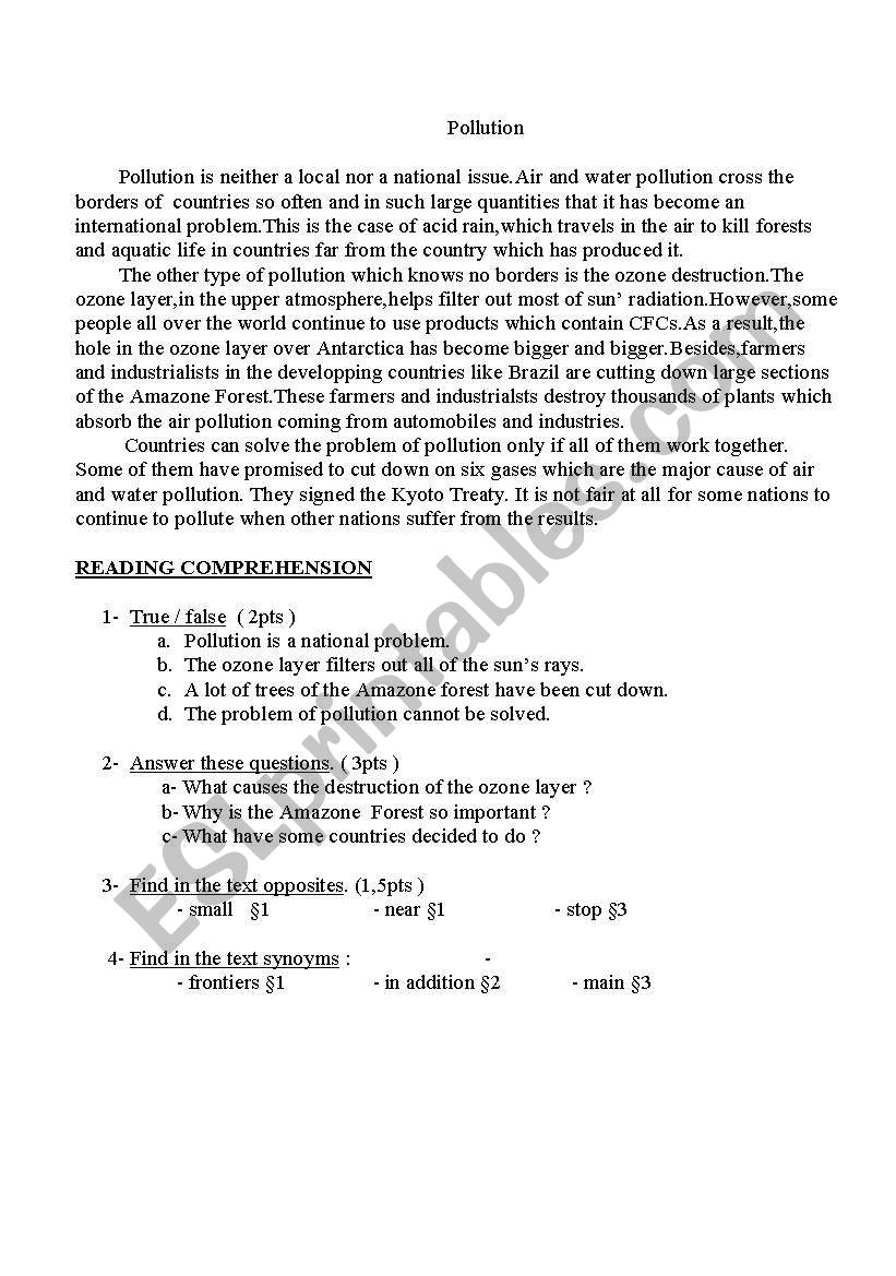 Pollution worksheet