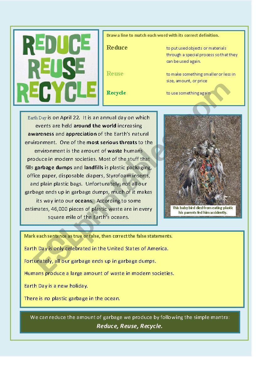 reduce reuse recycle esl worksheet by bonniejeanne