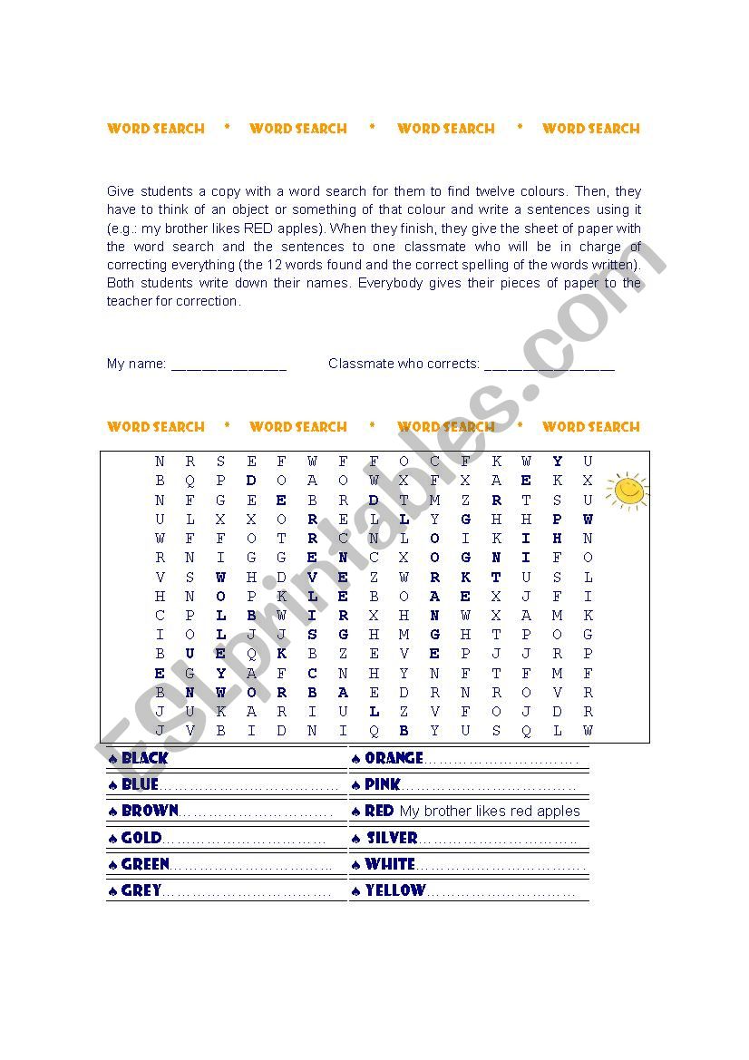 Colours wordsearch worksheet