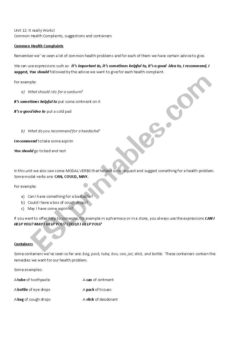 Common Health Complaints worksheet