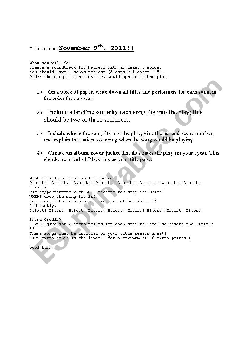 MacBeth Mix Tape worksheet