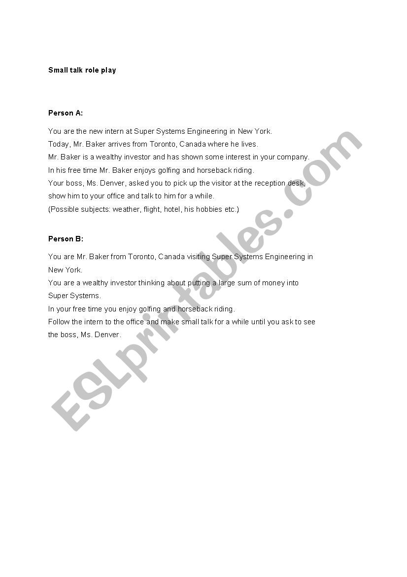 Small talk role play worksheet