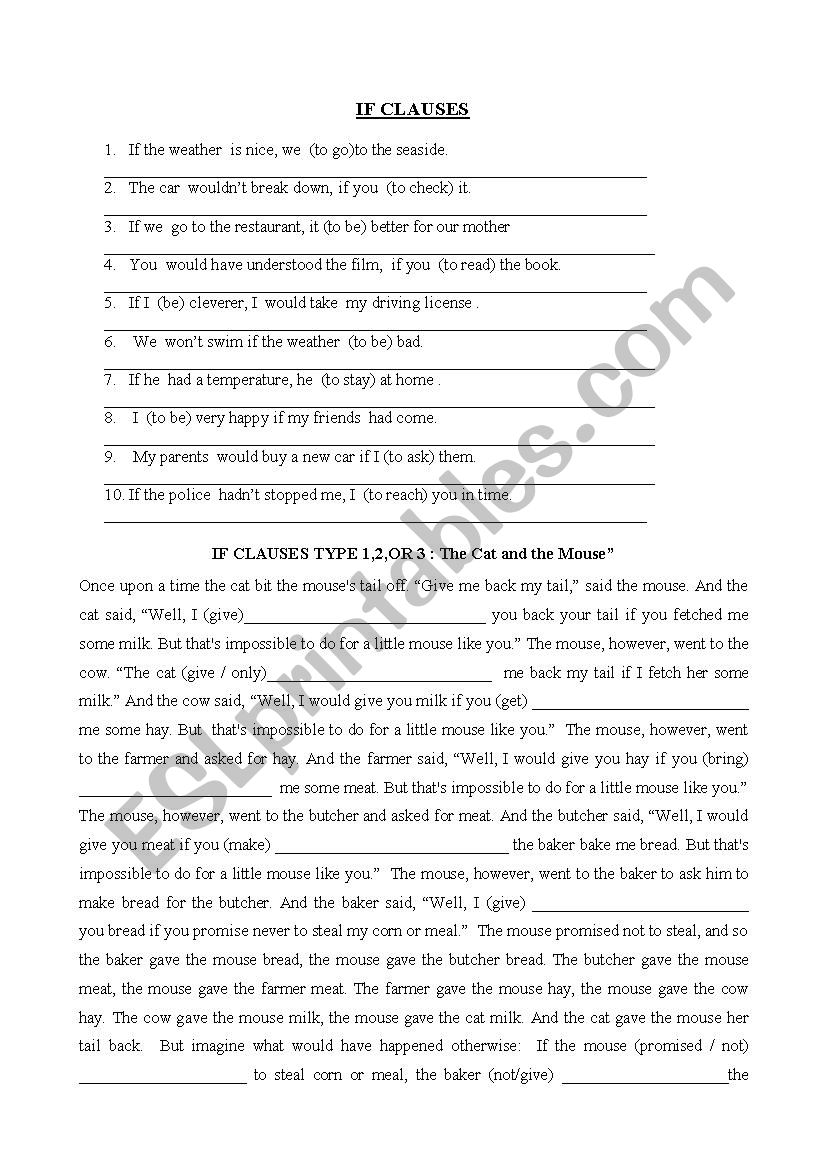 IF CLAUSES test worksheet IF CLAUSES test worksheet