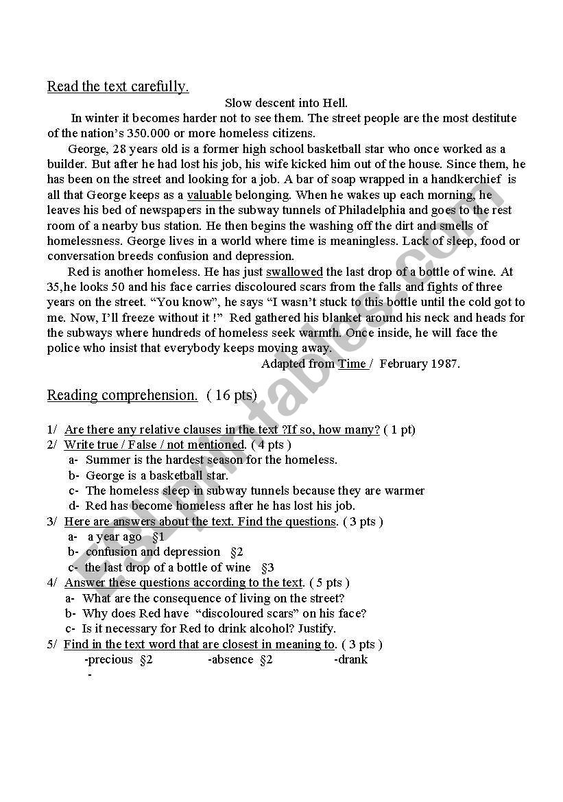                 The homeless worksheet