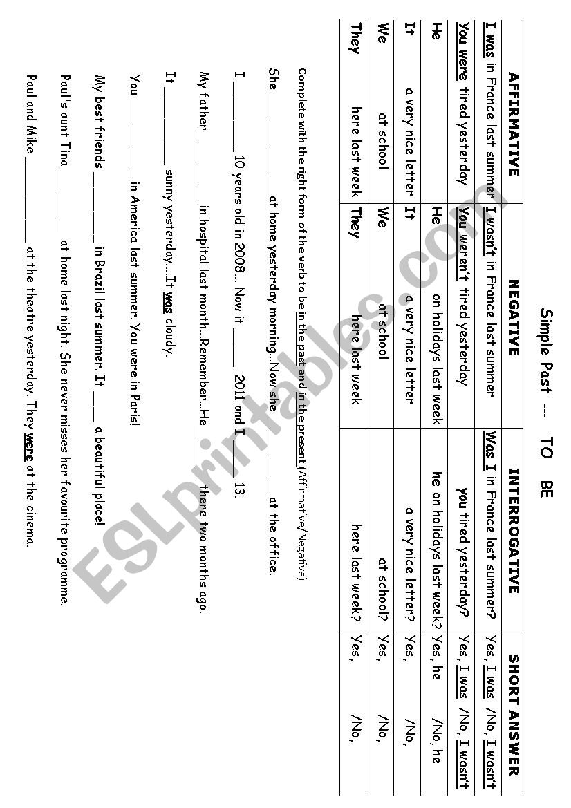 Past simple - TO BE worksheet