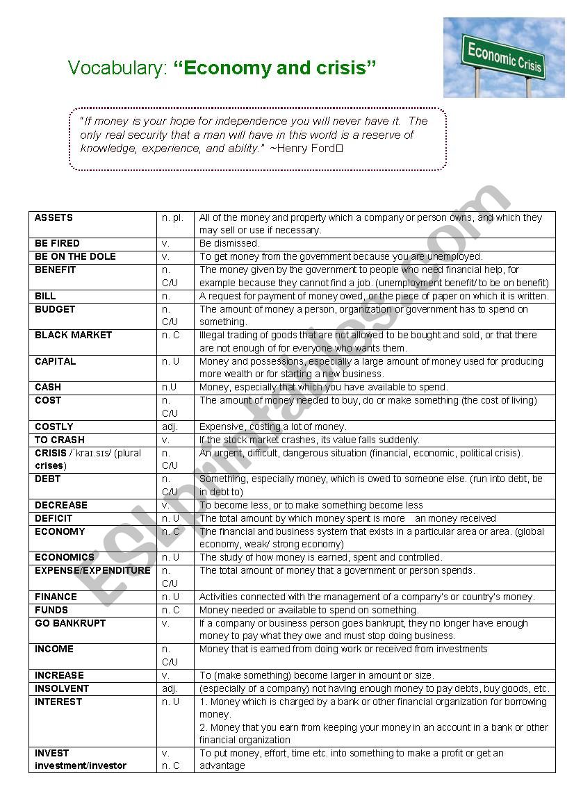 ECONOMY AND CRISIS VOCABULARY worksheet