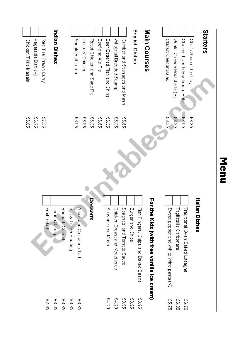 MENU worksheet