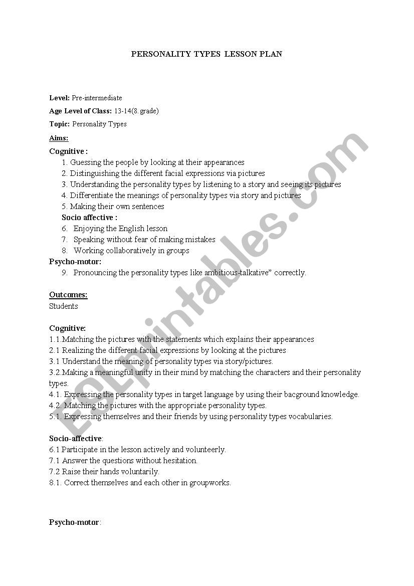 personality types lesson plan worksheet