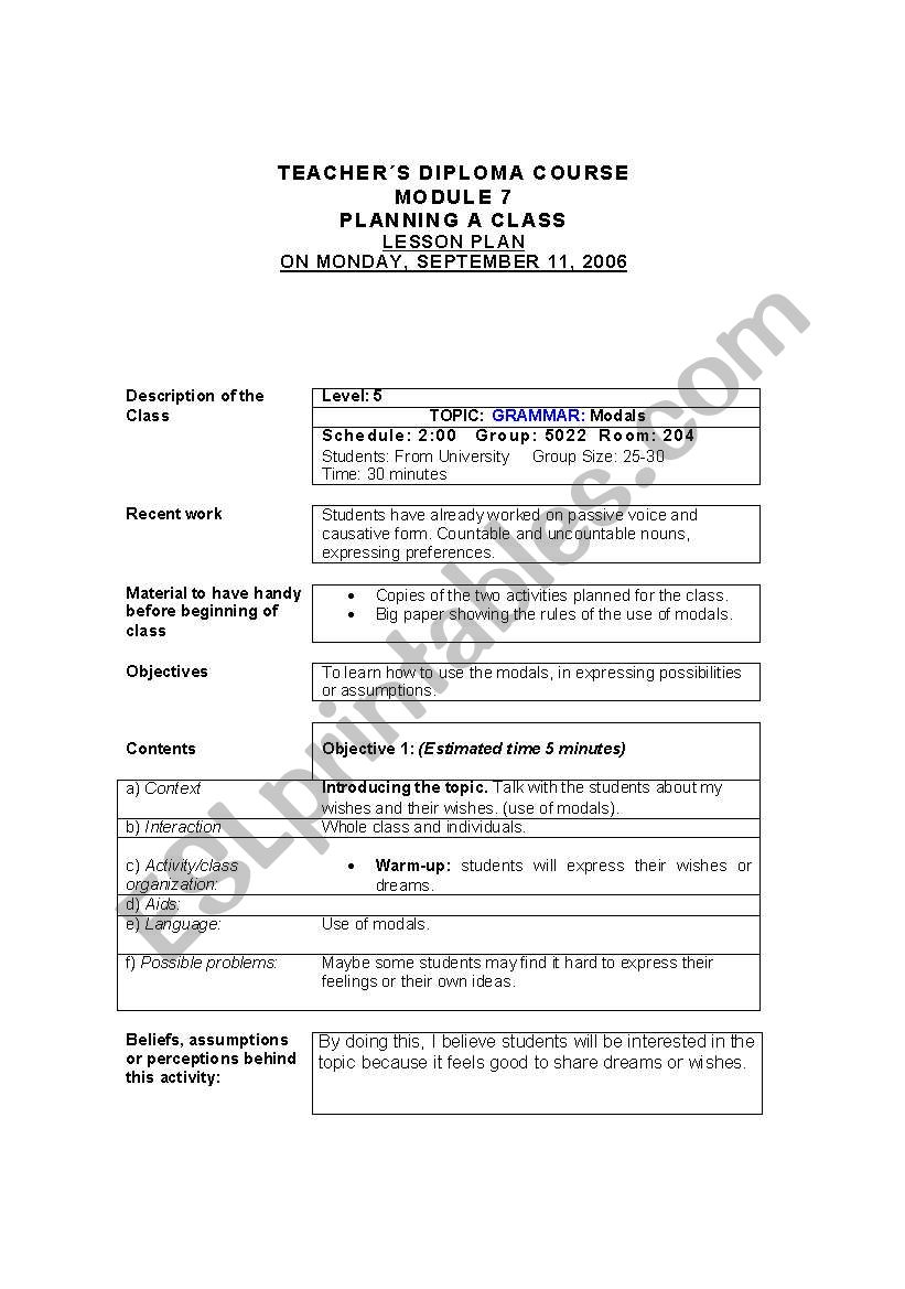 Modals Lesson Plan worksheet