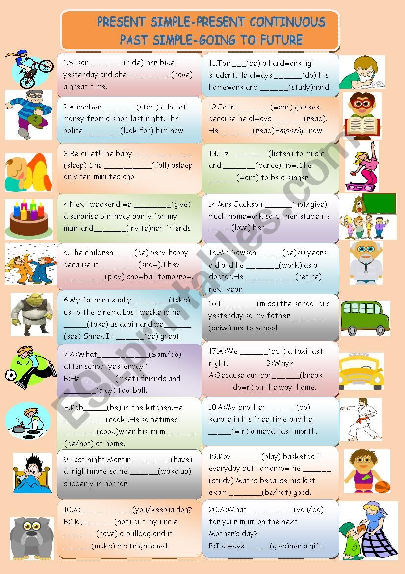 MIXED FOUR TENSES with key worksheet