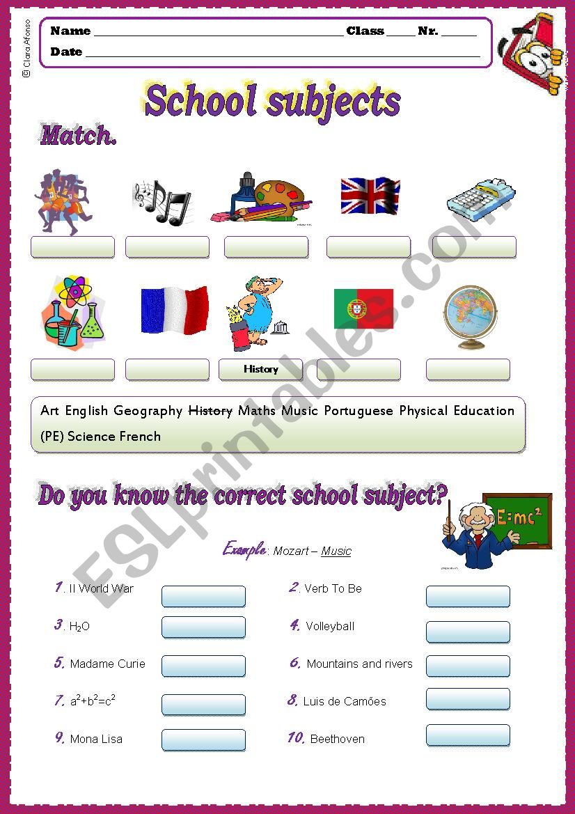 School subjects worksheet