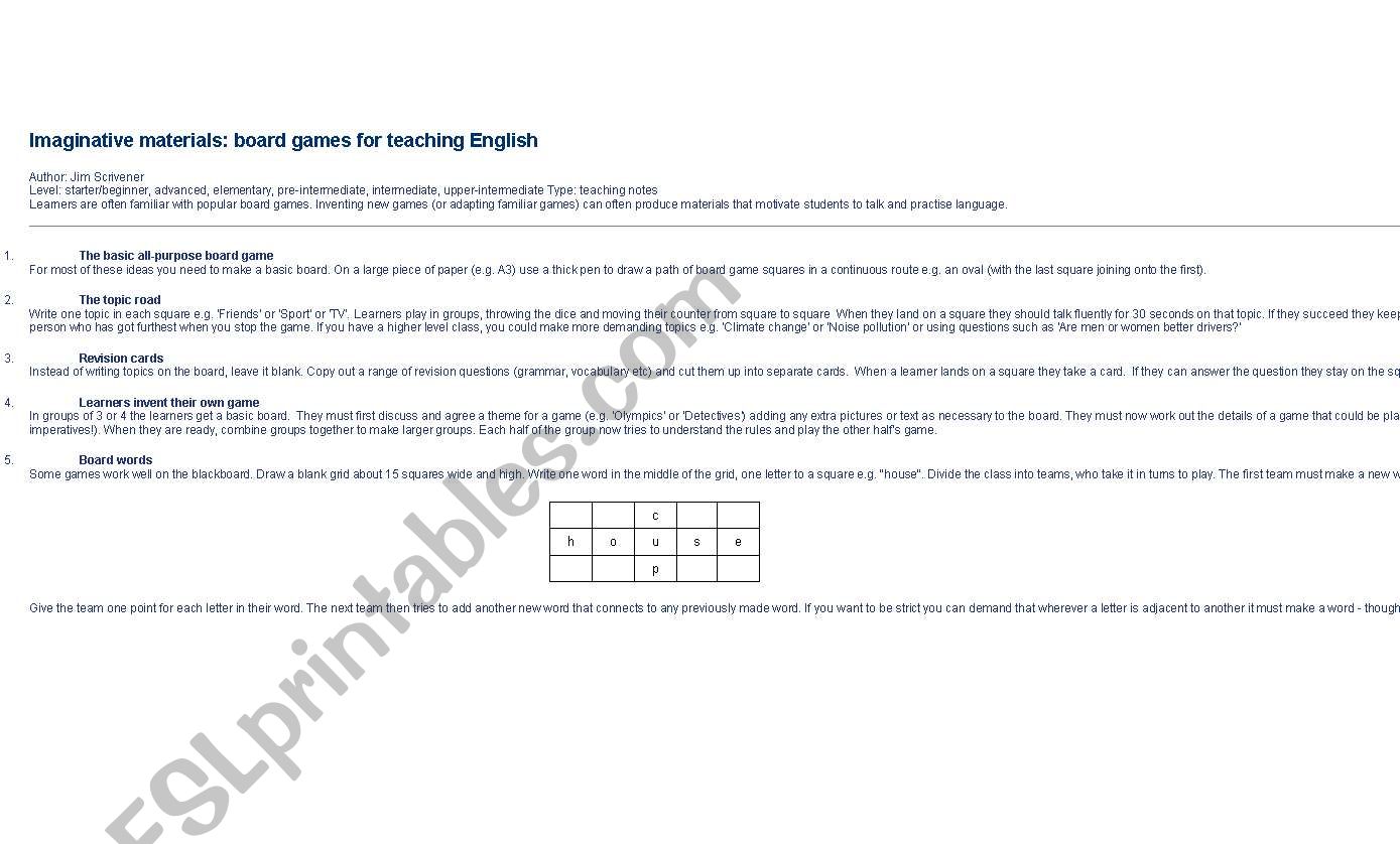 games worksheet