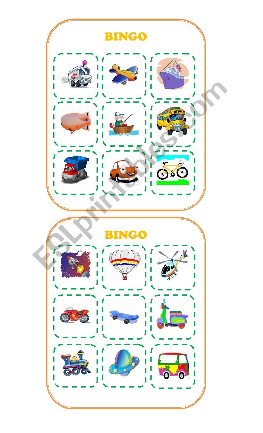 Bingo about Transportation worksheet