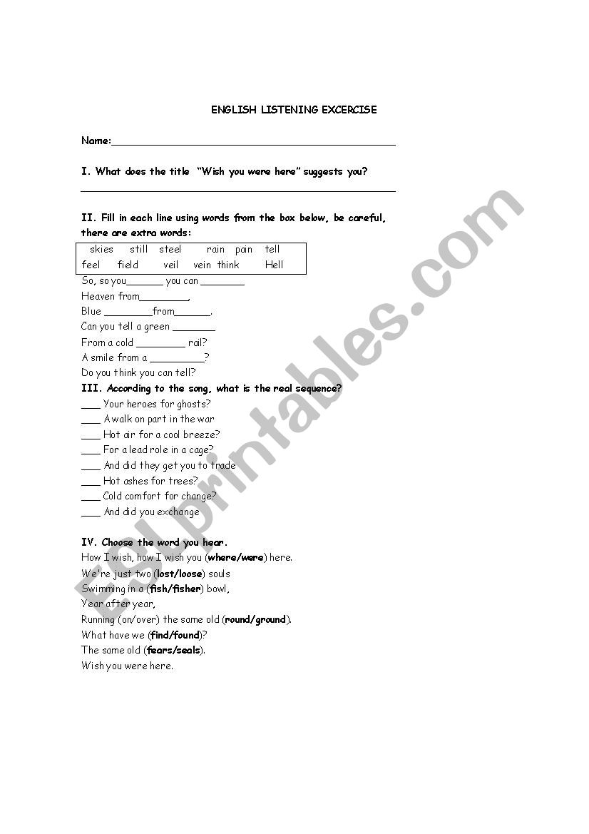 Song Wish you were here worksheet