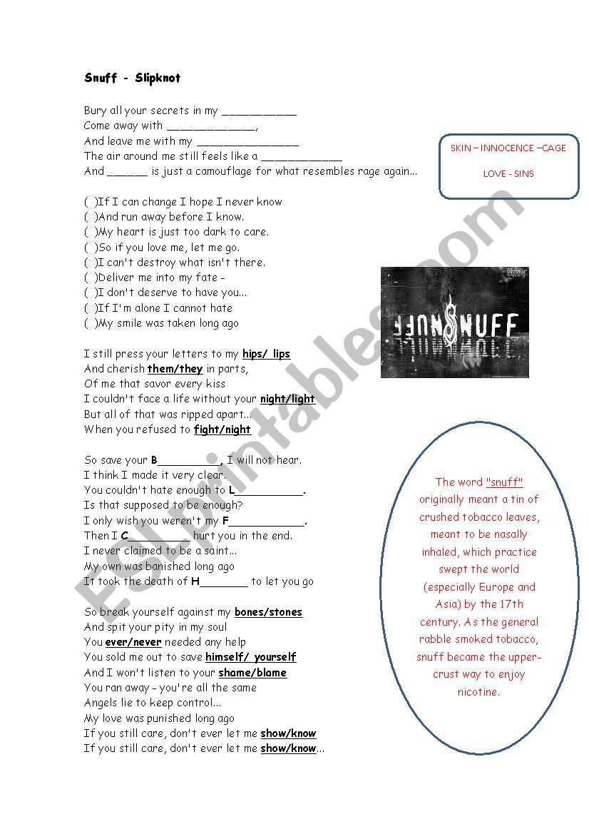 Snuff - Slipknot worksheet