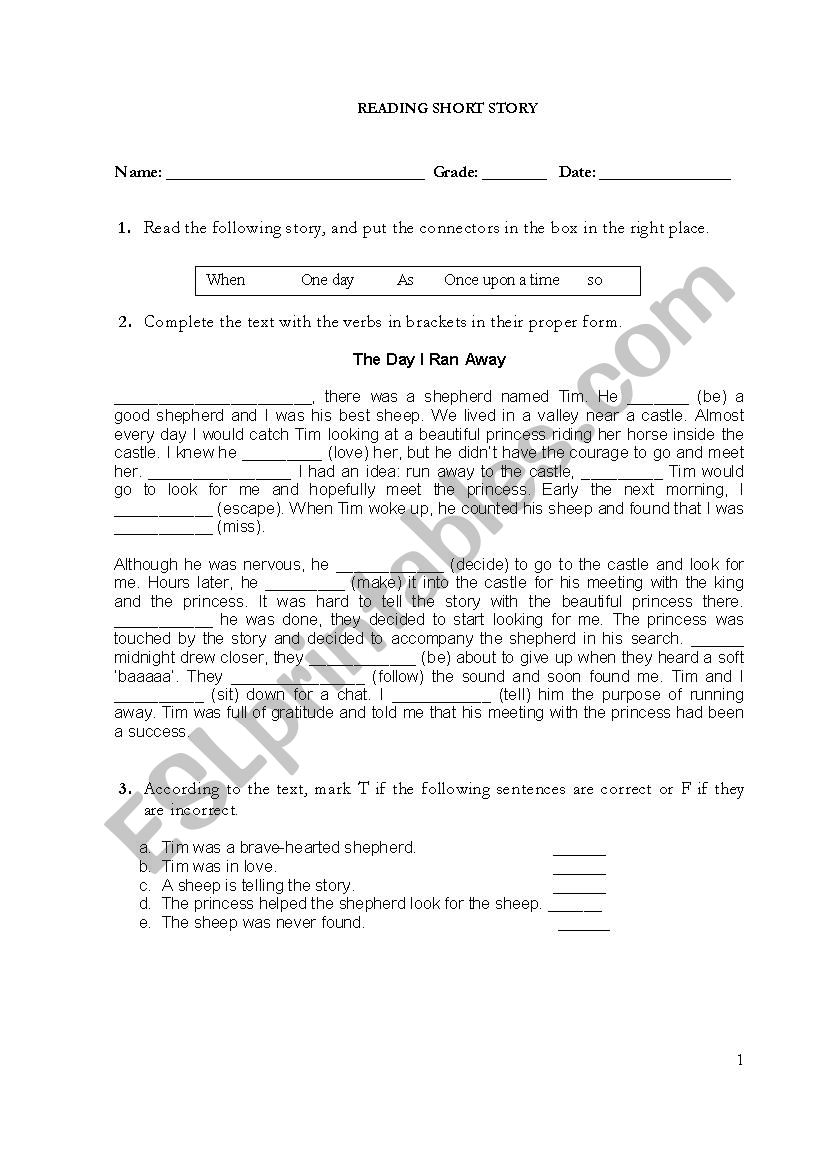 Reading short story worksheet