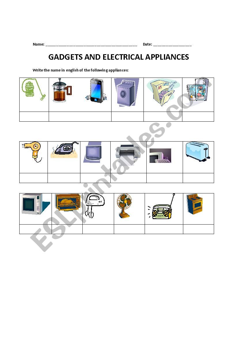 Gadgets worksheet