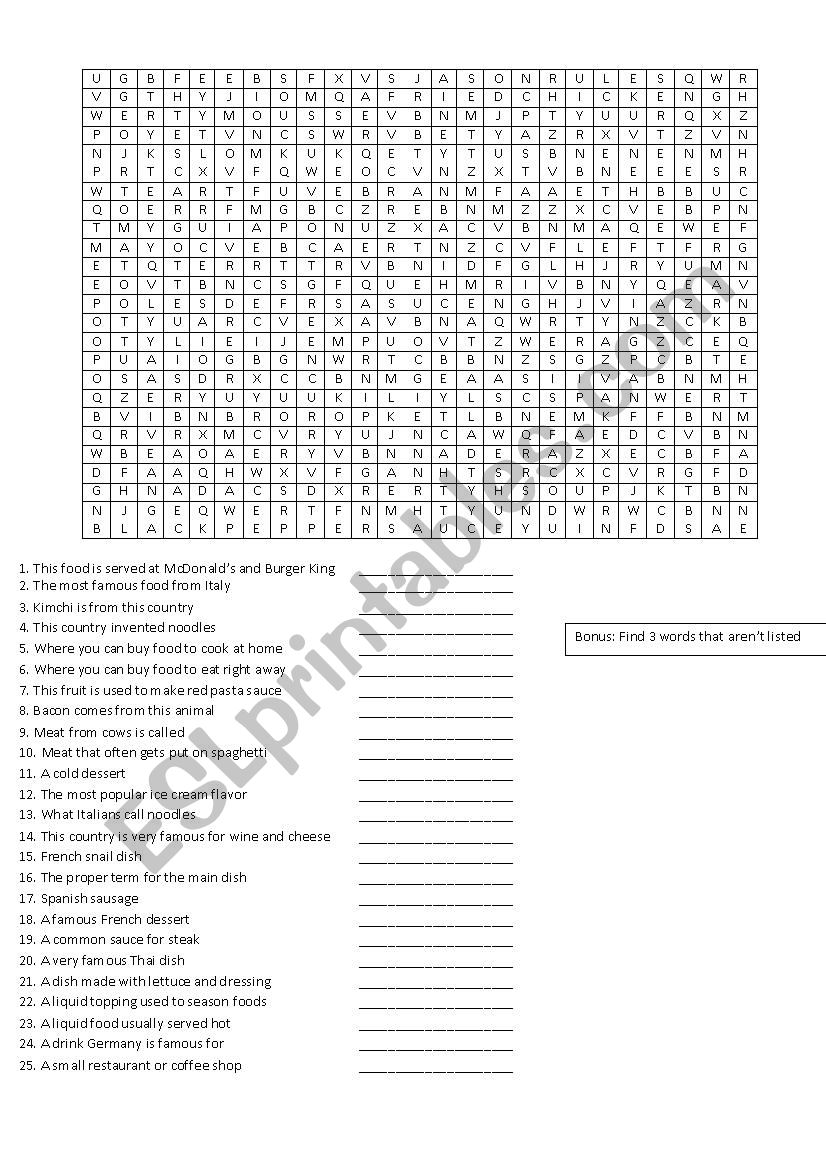 Food Wordsearch worksheet