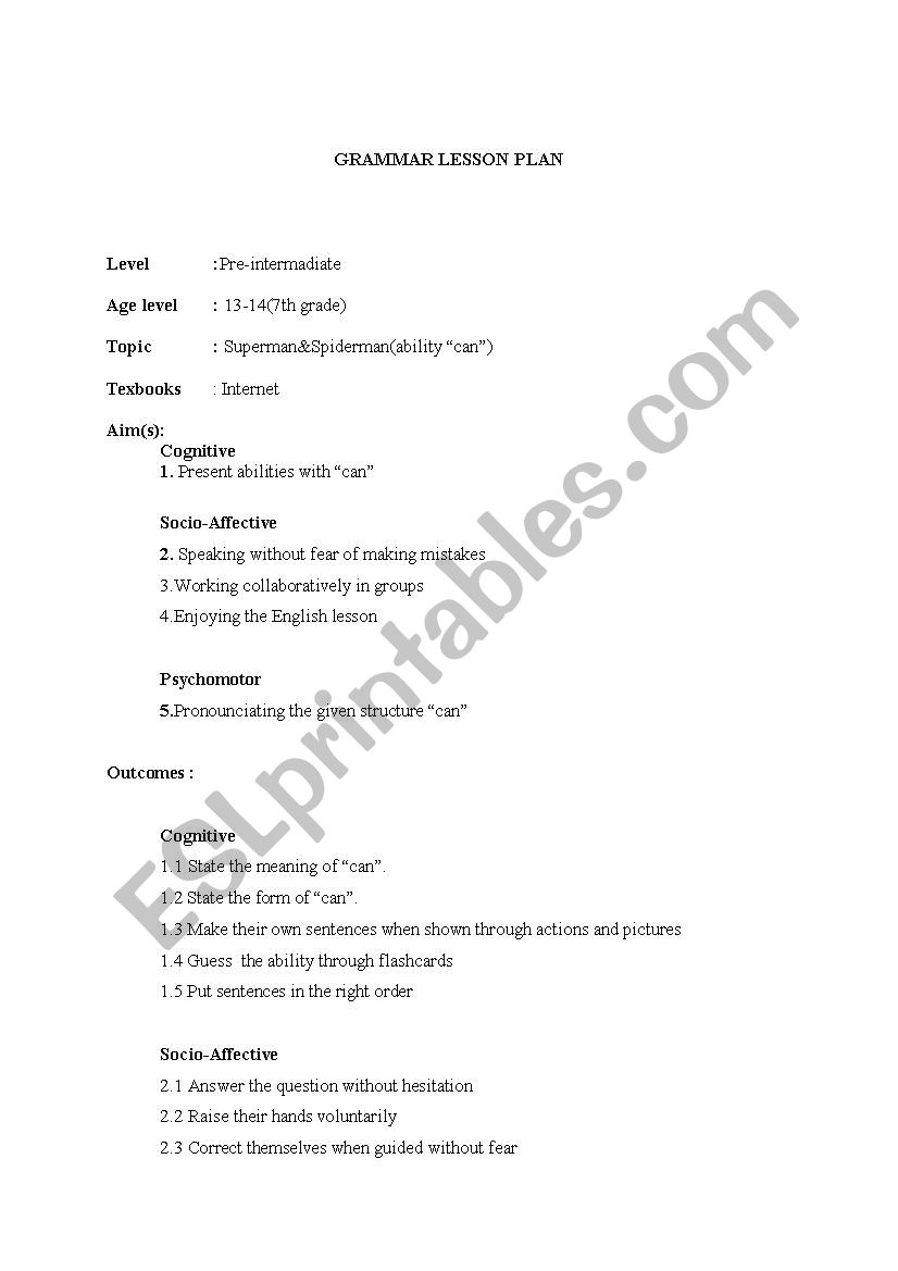 GRAMMAR LESSON PLAN ( Can ) : Spiderman-Superman 