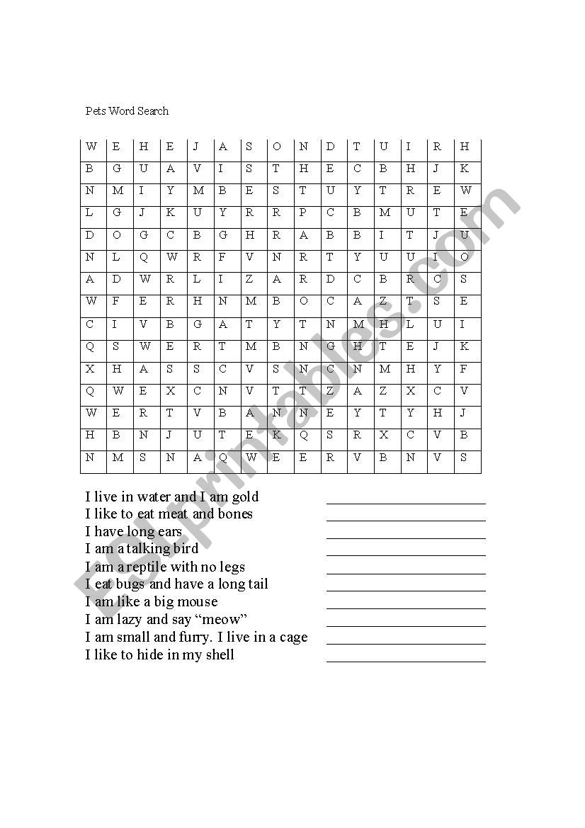 Pet Wordsearch worksheet