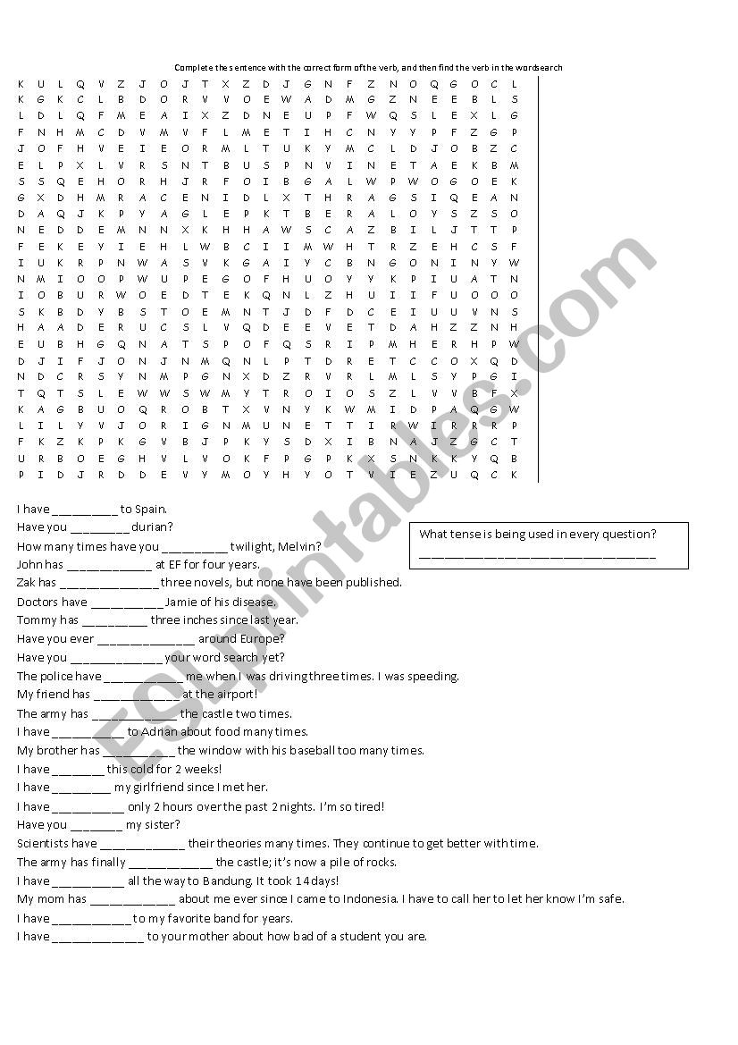 Present Perfect Wordsearch worksheet