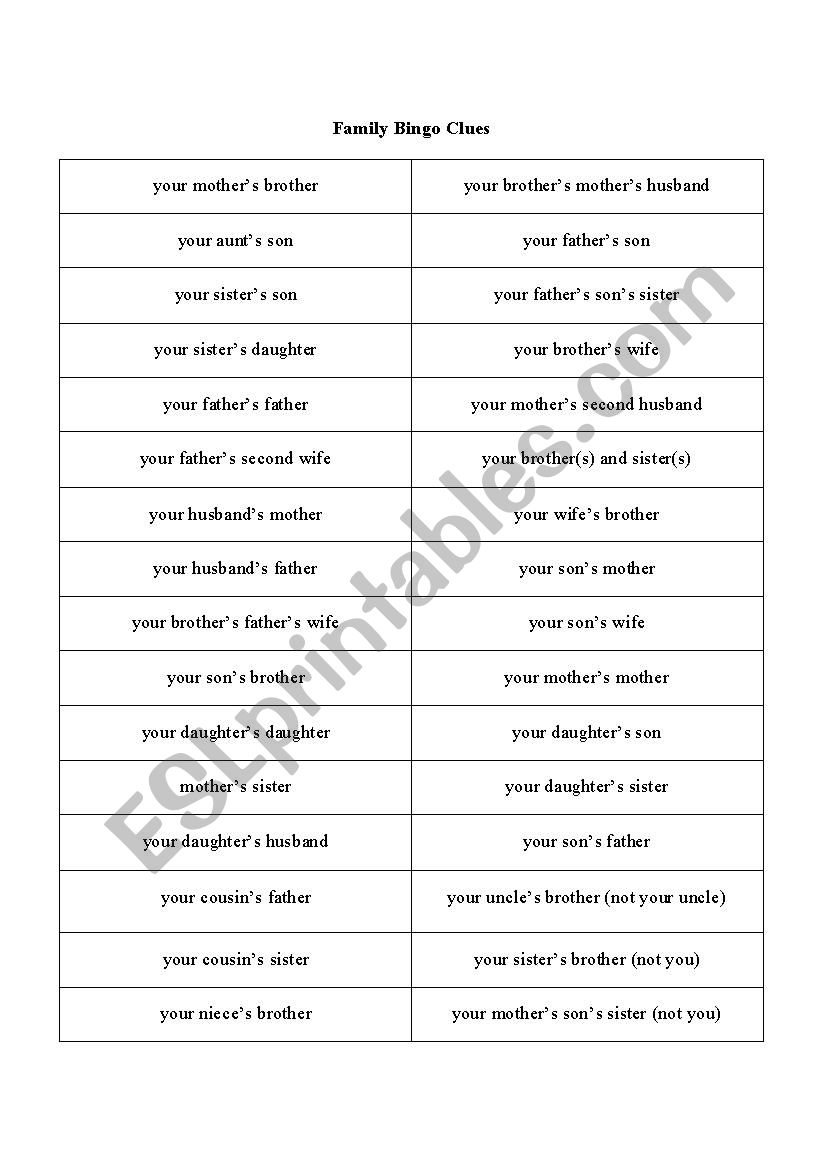 Family Bingo Game Set worksheet