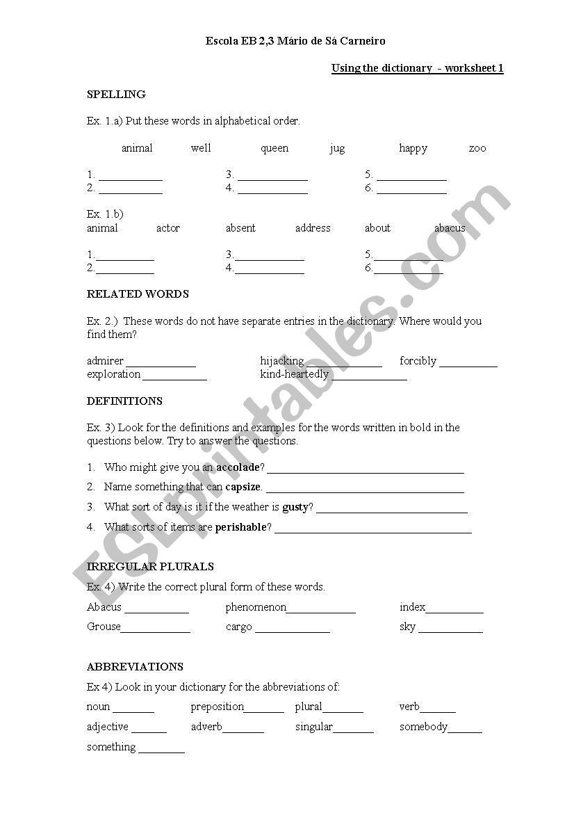 dictionary work worksheet
