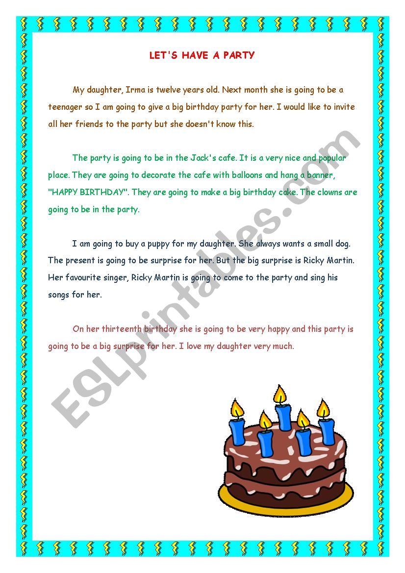 LETS HAVE A PARTY (READING WORKSHEET FOR 