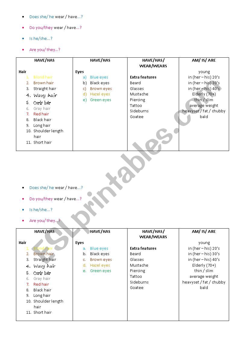 Physical Descriptions worksheet