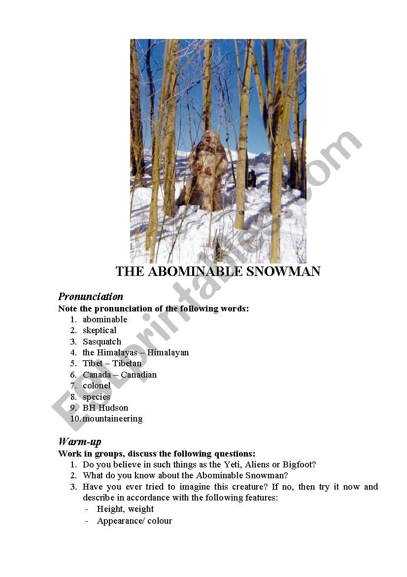 THE ABOMINABLE SNOWMAN worksheet