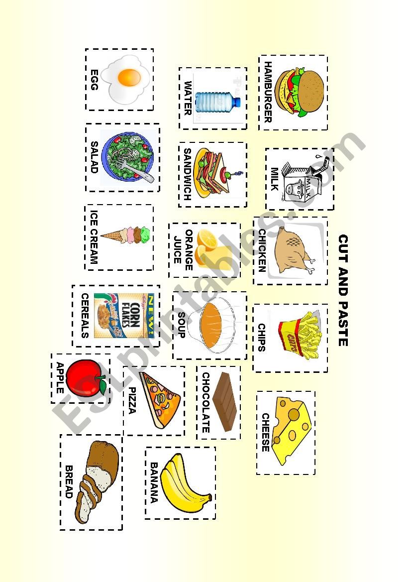 Food and meals cut and paste worksheet