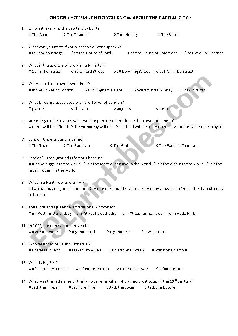 A quizz about London worksheet