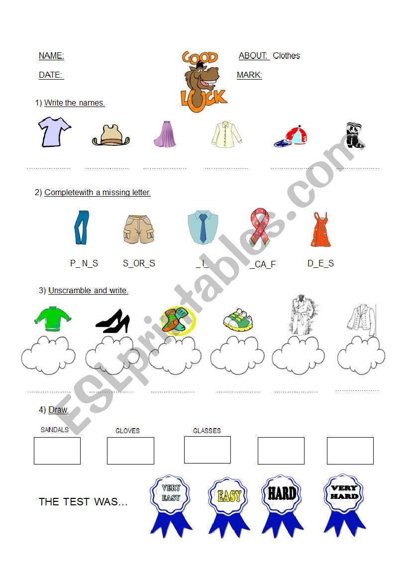 test about clothes worksheet