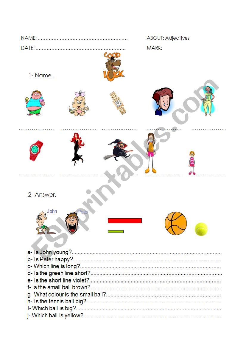 test on adjectives worksheet